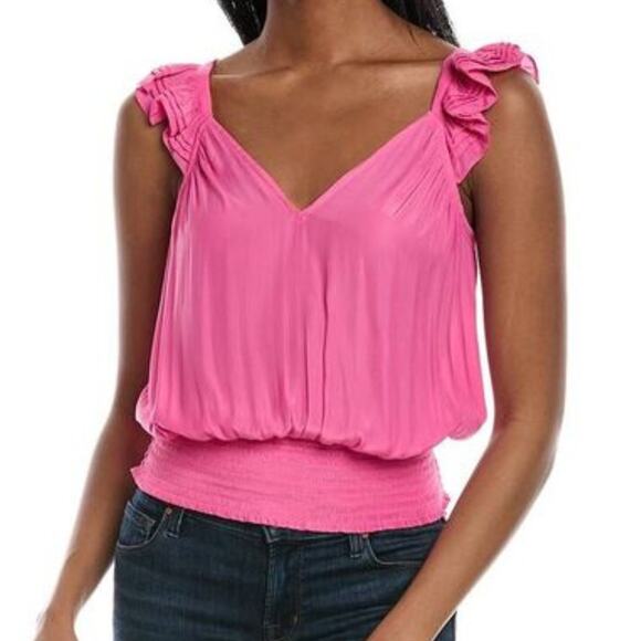 Ramy Brook NWT Diore Barbie Pink Sleeveless Ruffle V-neck Smocked Dainty Top - Picture 1 of 14